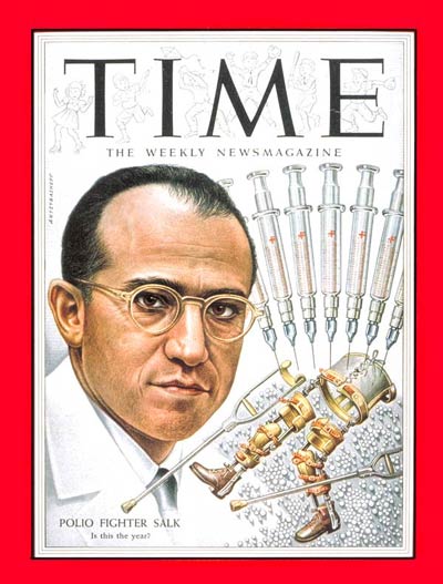 Jonas Salk en la portada de la revista TIME - El llamado "Incidente Cutter" condujo a la retirada de la vacuna de Cutter y la eventual sustitución de la IPV de Salk con la vacuna viva atenuada (debilitada) por vía oral de la polio (OPV) desarrollada por Albert Sabin, MD y se introdujo en 1963.